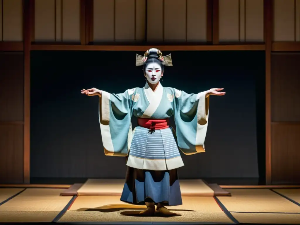 Una impactante imagen en 8k de una actuación tradicional de teatro Noh japonés, capturando la influencia del folklore japonés en la cultura pop