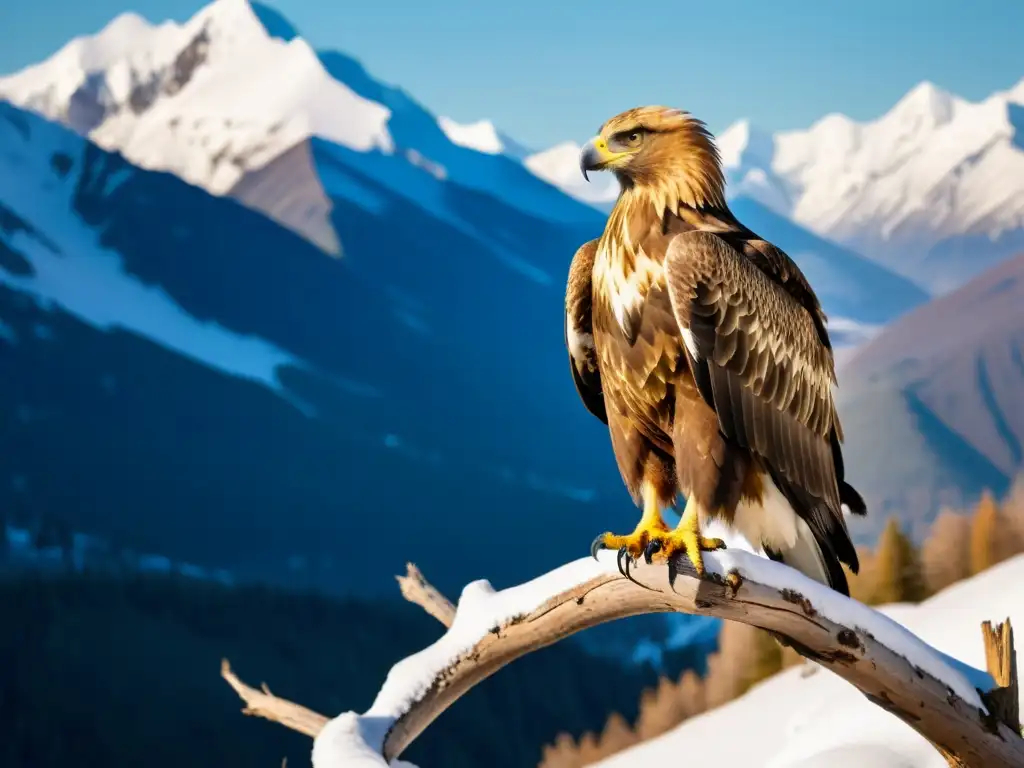 Imponente águila dorada Altái en la cima nevada, simbolismo del Águila Dorada Altái en la naturaleza salvaje