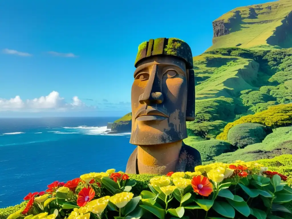 Imponente estatua Moai en Isla de Pascua rodeada de naturaleza exuberante y el vasto océano Pacífico