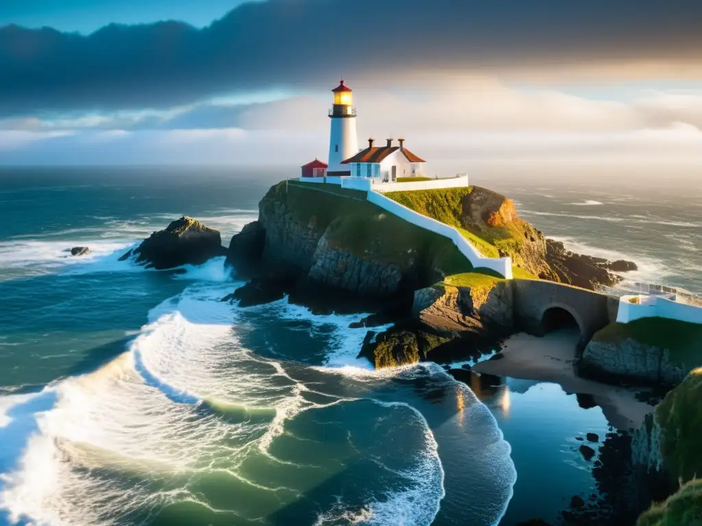 Acantilado al anochecer: Faro histórico iluminando la costa Imponente faro histórico iluminando la costa rocosa al anochecer