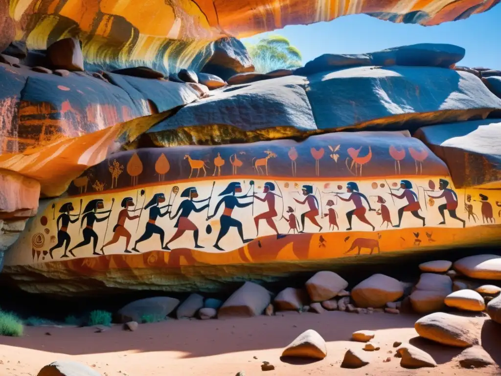 Una fotografía impresionante de arte rupestre aborigen en Australia, con colores vibrantes y detalles intrincados en una cueva remota del outback