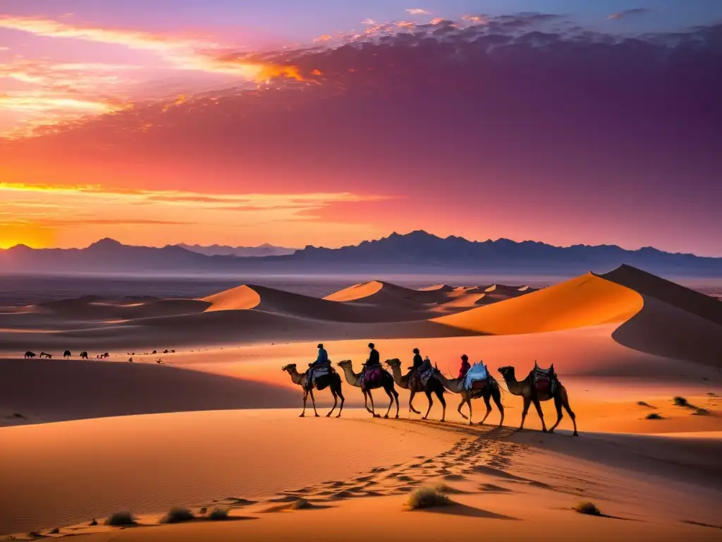 Un impresionante atardecer en el desierto con una caravana de camellos