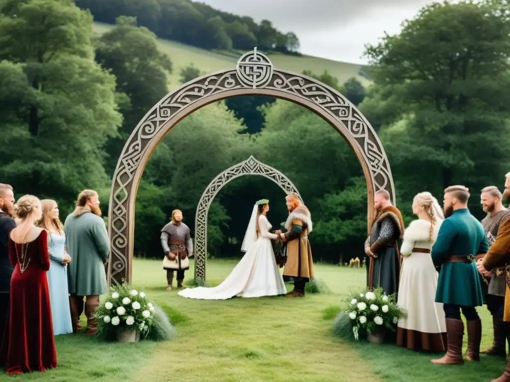 Una impresionante ceremonia de boda vikinga nórdica en un prado verde, con atuendos históricos y símbolos nórdicos