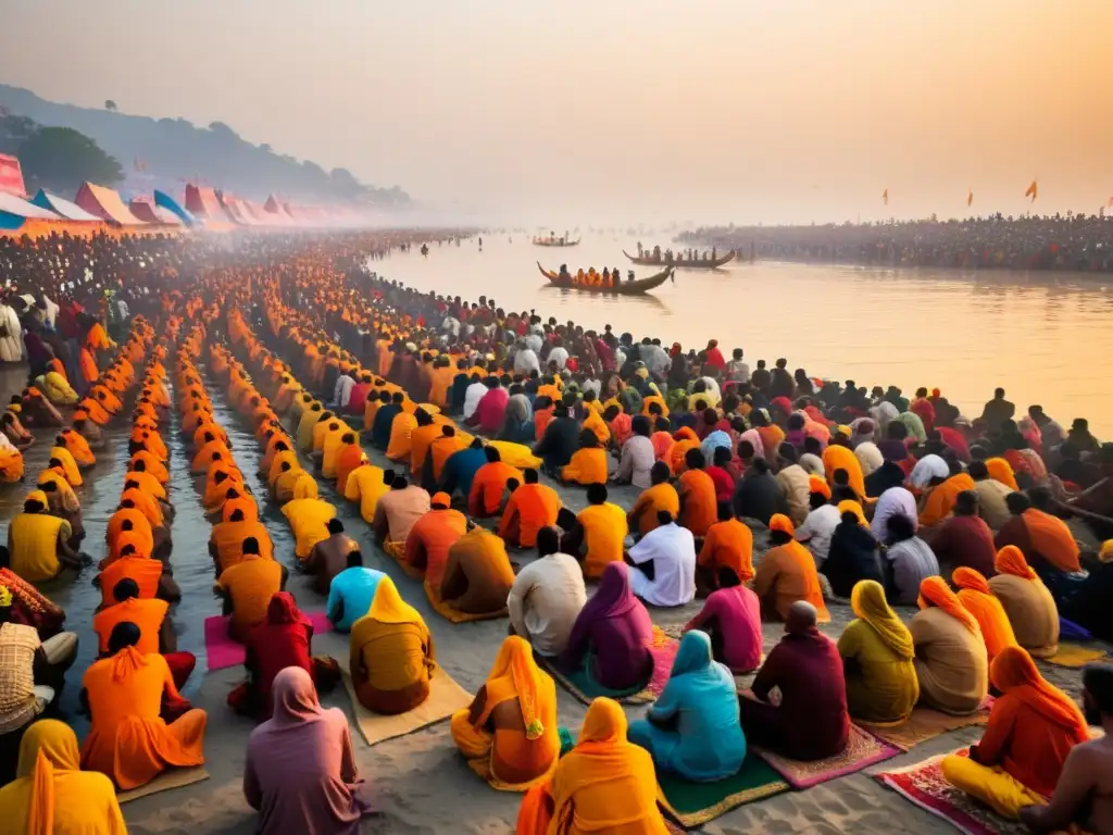 Una impresionante fotografía documental de alta resolución que captura la atmósfera vibrante del Maha Kumbh Mela a orillas del río Ganges, donde multitudes de devotos participan en actividades religiosas, exhibiendo coloridos atuendos tradicionales y una ferviente devoción