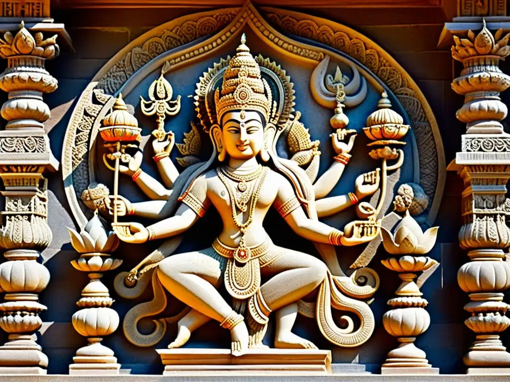 Una impresionante escultura de Vishnu, rodeada de seres celestiales, iluminada por el sol en un templo antiguo