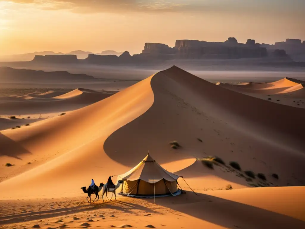 Una impresionante imagen detallada de una tienda beduina tradicional en el vasto y dorado desierto árabe