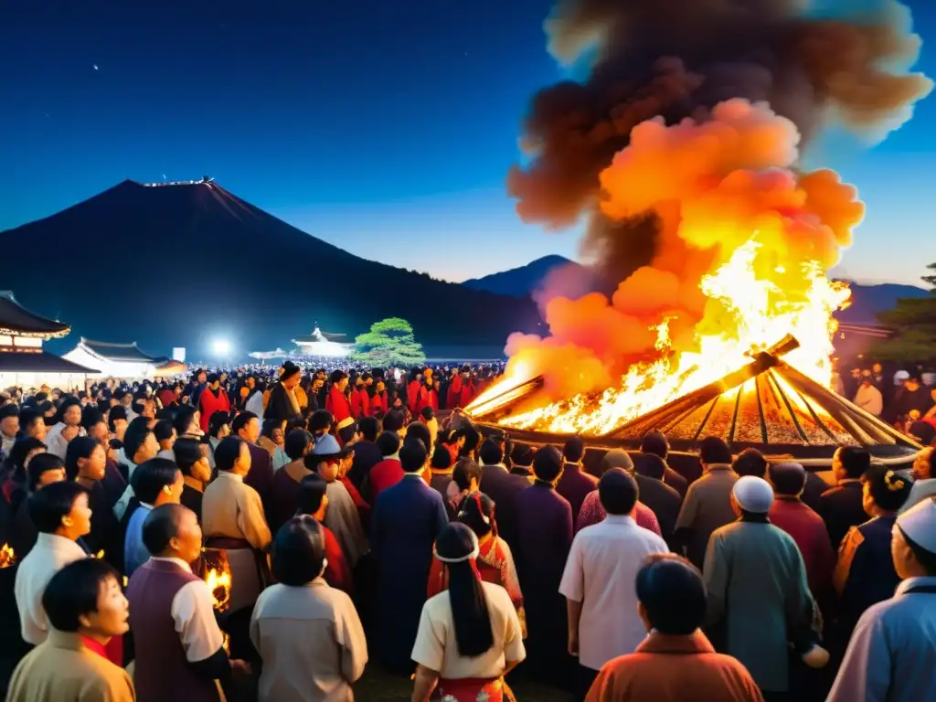 Una impresionante imagen de un festival tradicional japonés con un gran grupo alrededor de una enorme hoguera, iluminando el cielo nocturno