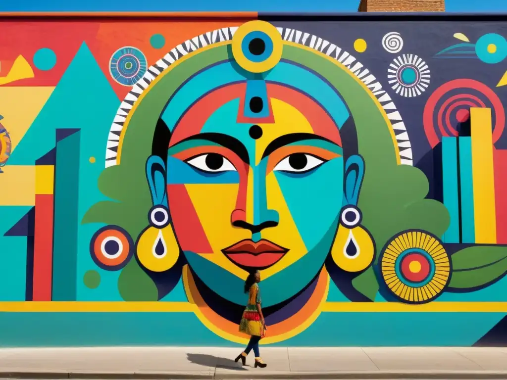 Un impresionante mural de artistas étnicos contemporáneos obras impactantes, con símbolos culturales y figuras expresivas