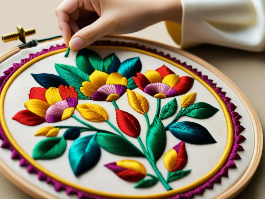 Una impresionante obra de bordado tradicional, con técnicas impresionantes y colores vibrantes que destacan la artesanía y la herencia cultural