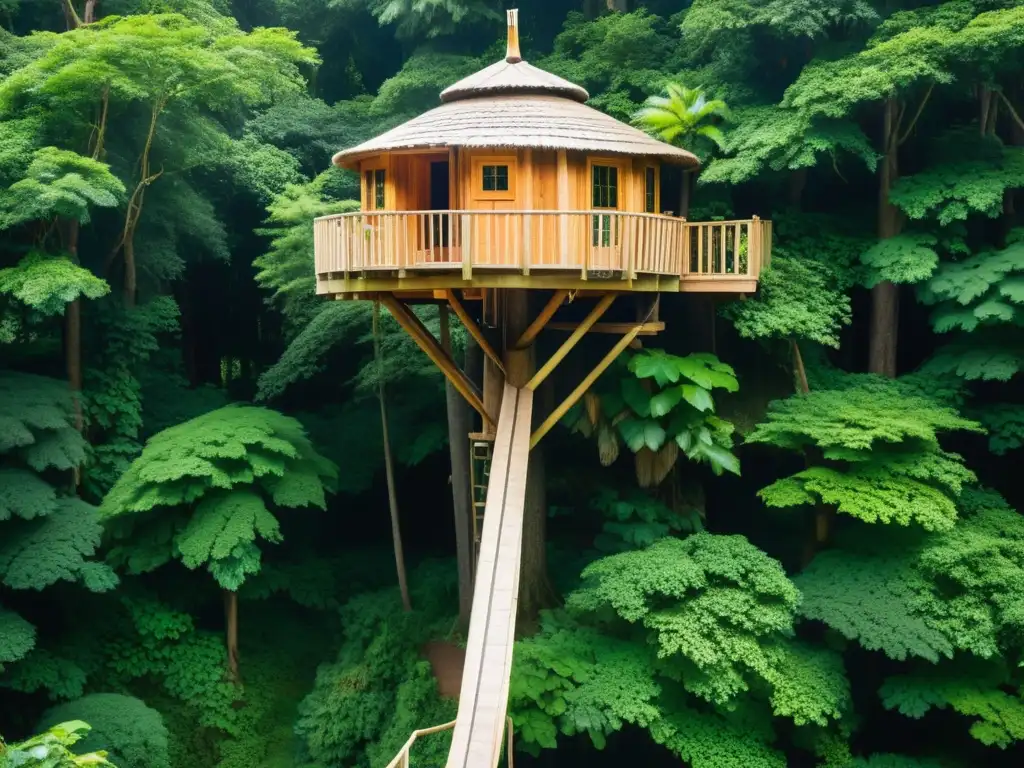 Una impresionante fotografía de alta resolución de un alojamiento en árboles tradicionales, ubicado en un exuberante y frondoso bosque