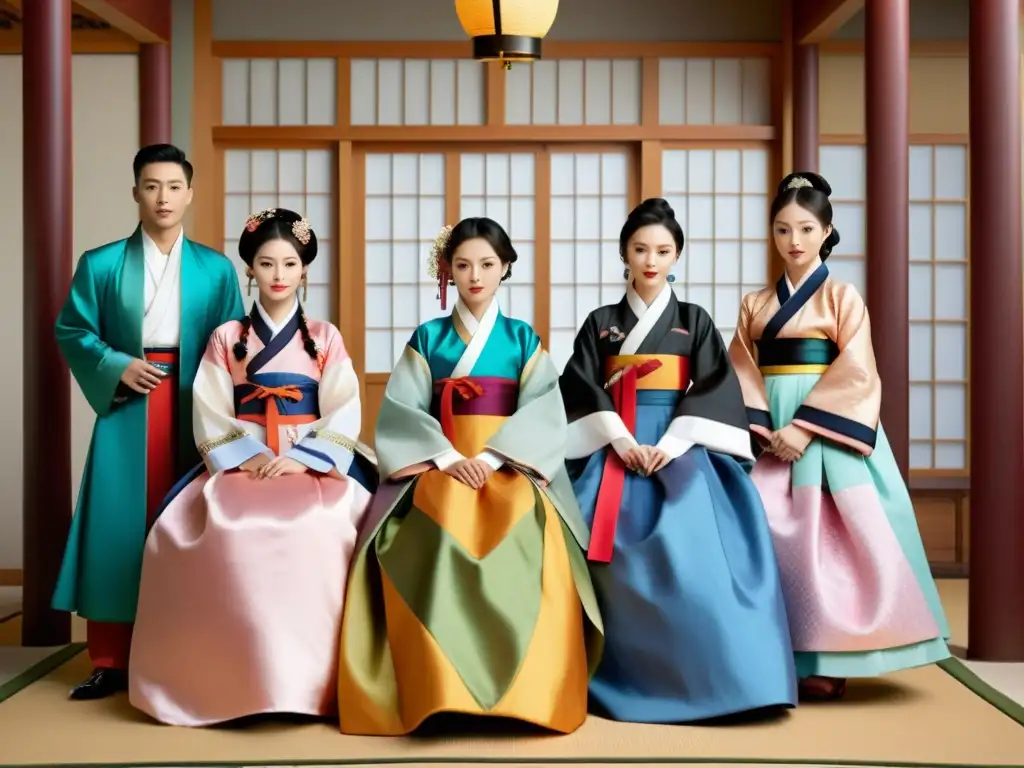 Una impresionante reunión de figuras clave en moderna moda Hanbok, en un escenario tradicional coreano