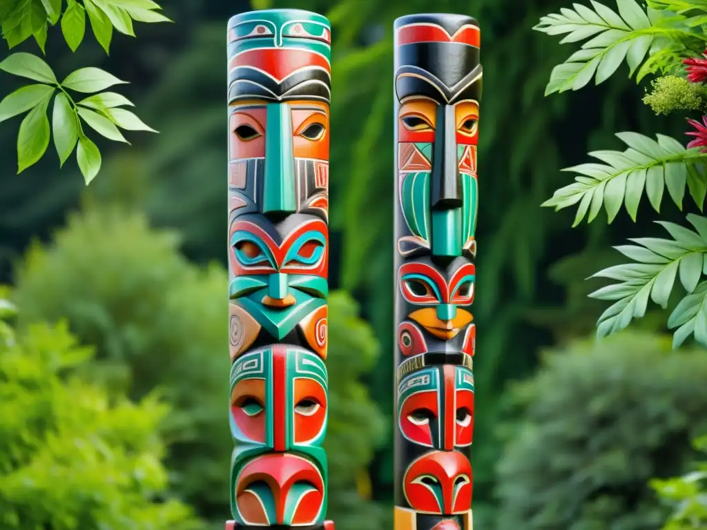 Un impresionante tótem Tlingit con detalladas tallas de animales y símbolos tradicionales, mostrando el vínculo entre lenguaje Tlingit y naturaleza