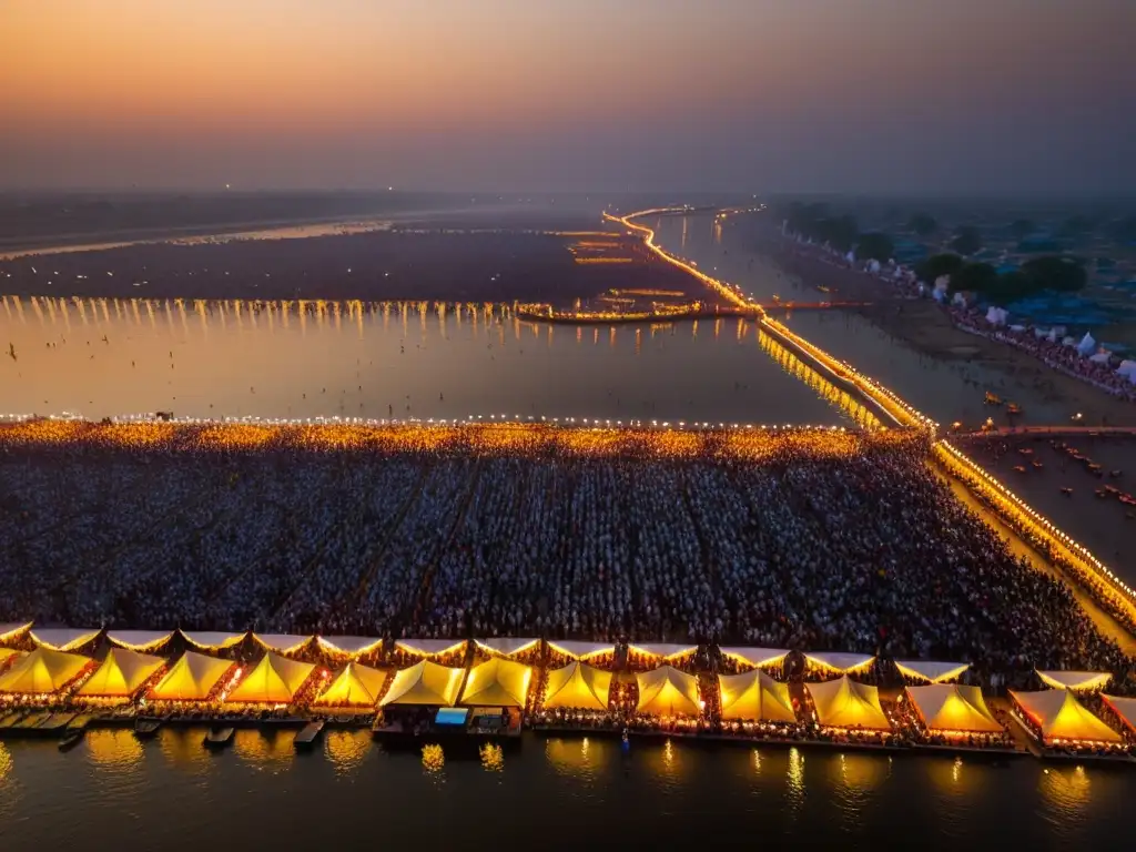 Una impresionante vista aérea del festival Maha Kumbh Mela, con devotos, tiendas coloridas y ceremonias a orillas del río sagrado