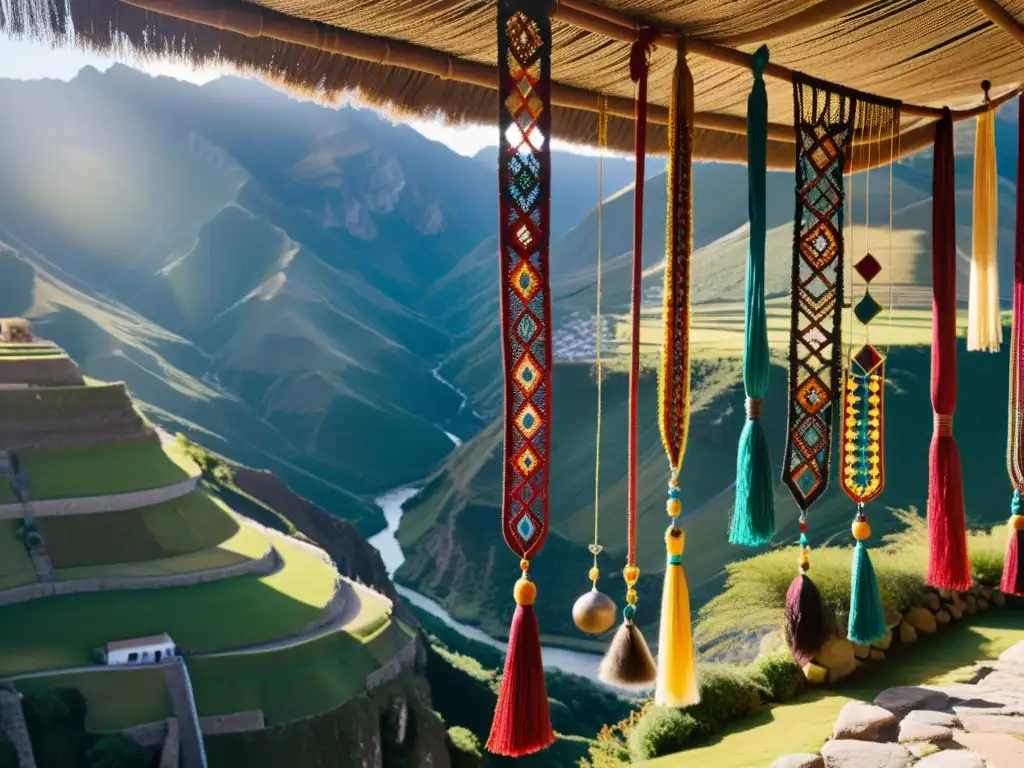 Un quipu inca se entrelaza con los colores de la tierra, suspendido en las ruinas ancestrales de los Andes peruanos