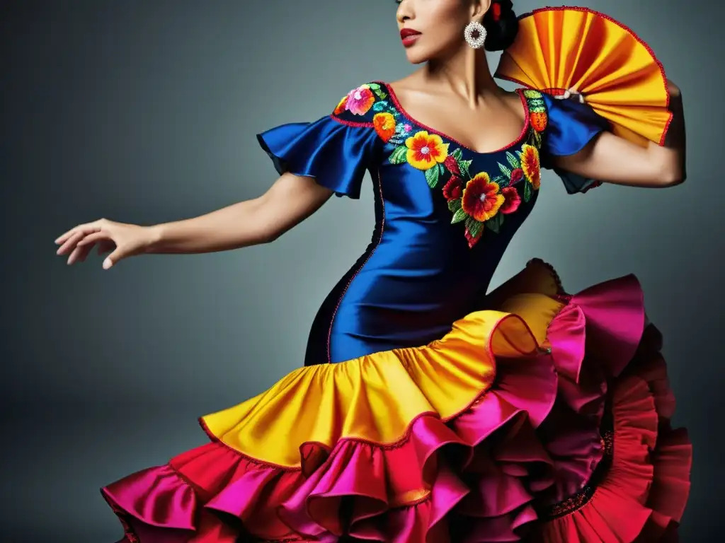 Increíble influencia internacional de la moda flamenca en una apasionante actuación de baile, capturando la emoción y el movimiento de un traje moderno de flamenco con detalles vibrantes y bordados intrincados