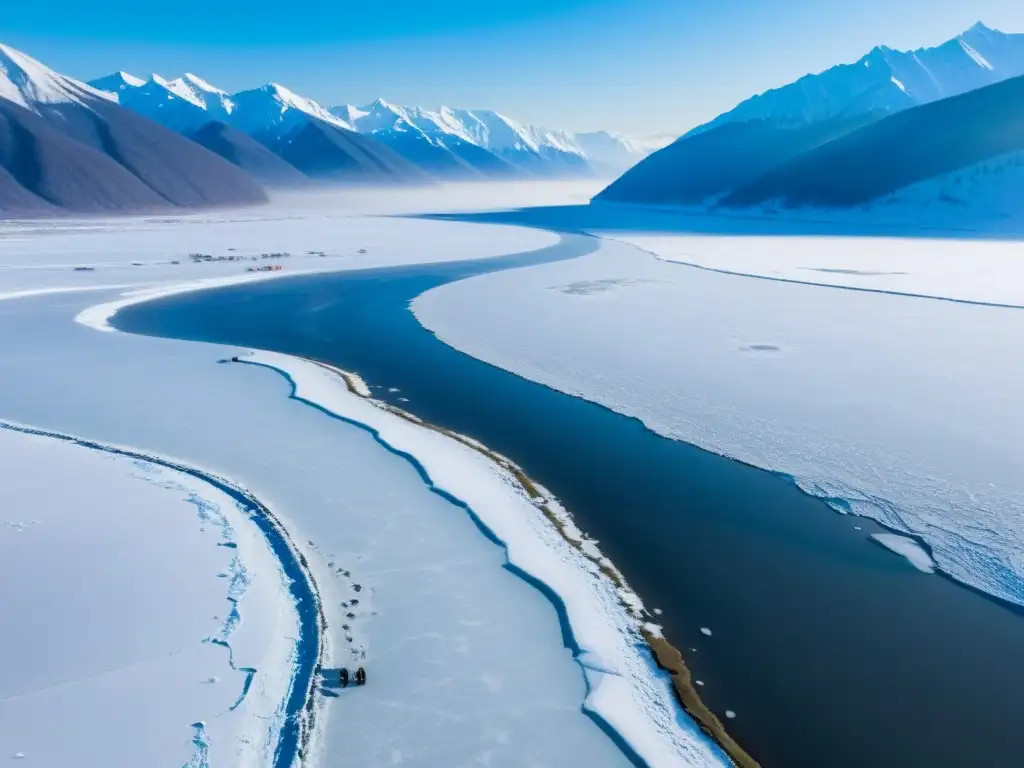 Indígenas pescando en el río congelado en Siberia, capturando el banquete de peces en Siberia