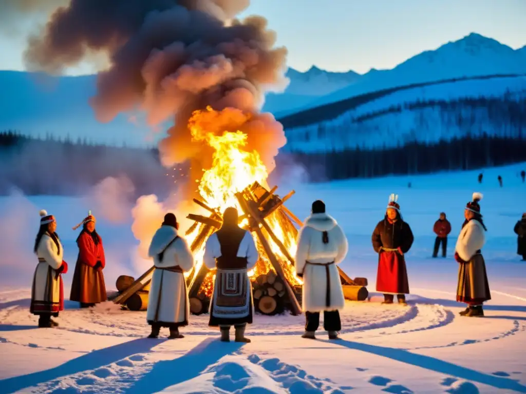 Indígenas siberianos celebrando el solsticio con rituales tradicionales alrededor de una gran fogata