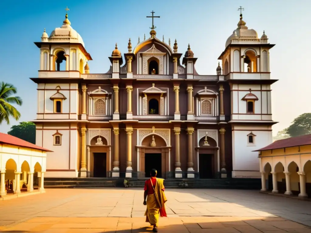 Influencia cristiana de los Jesuitas en la India: Imagen documental de una histórica iglesia jesuita en la India, bañada en cálida luz dorada, con fieles locales ingresando en atuendos tradicionales