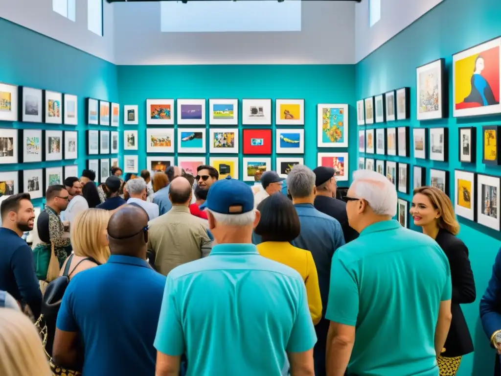 Influencia de la cultura pop en el arte contemporáneo: vibrante galería con obras de pop art y una multitud fascinada