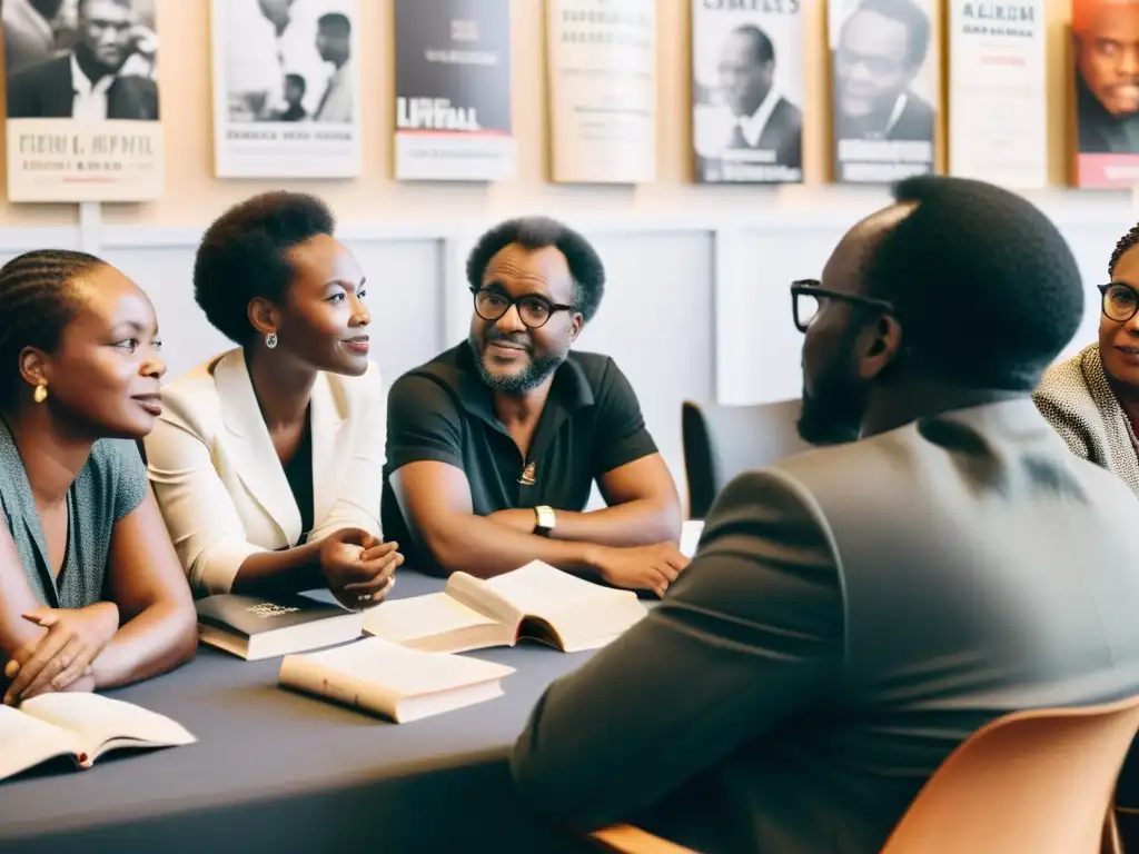 Influencia francesa en literatura africana contemporánea: Grupo de escritores africanos en animada discusión en festival literario francés