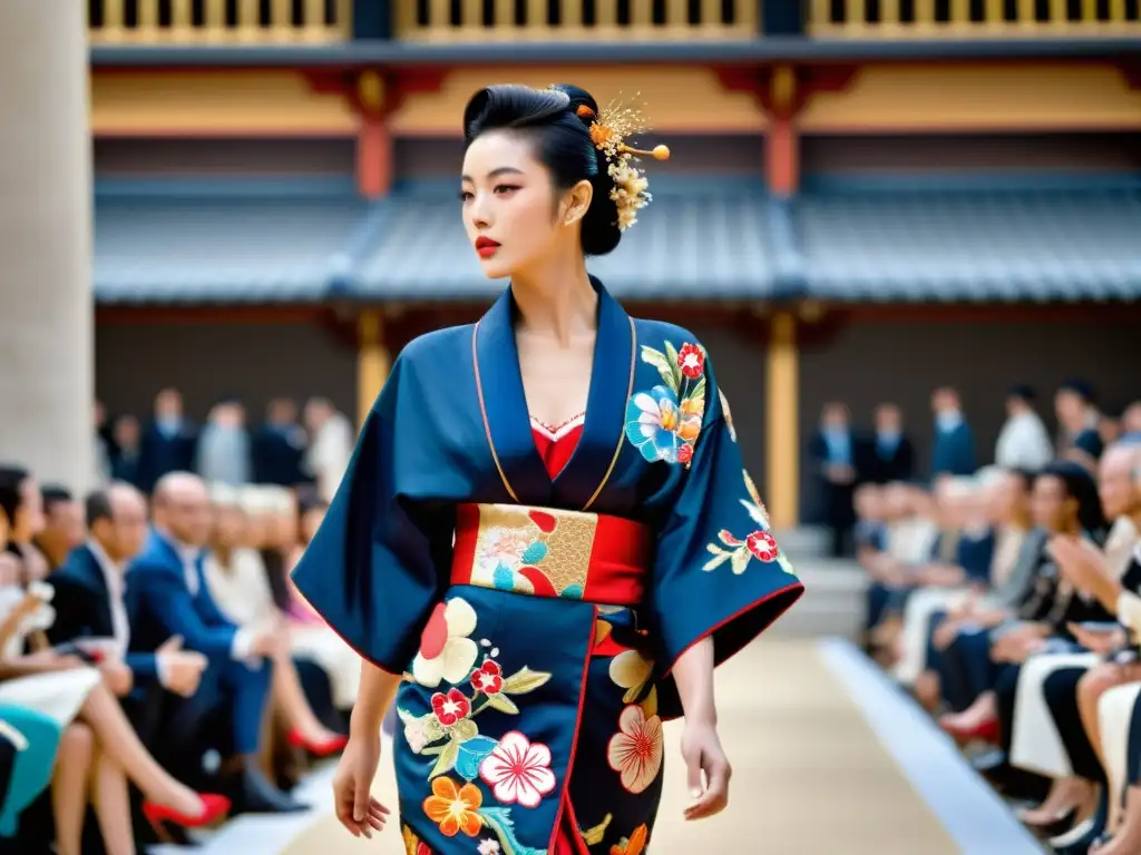 Influencia japonesa en moda occidental: Modelo occidental luce un kimono japonés en un desfile de moda parisino, fusionando culturas y estilos