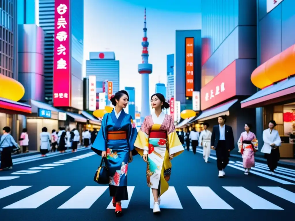 Influencia japonesa en moda occidental: Escena callejera vibrante en Tokio con moda tradicional y vanguardista, fusionando lo antiguo con lo nuevo