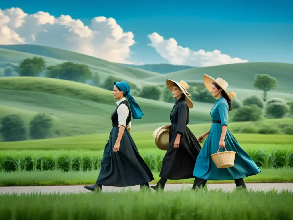 Influencia moda Amish minimalismo contemporáneo: Mujeres Amish caminando en un campo verde con vestidos tradicionales, bajo un cielo azul