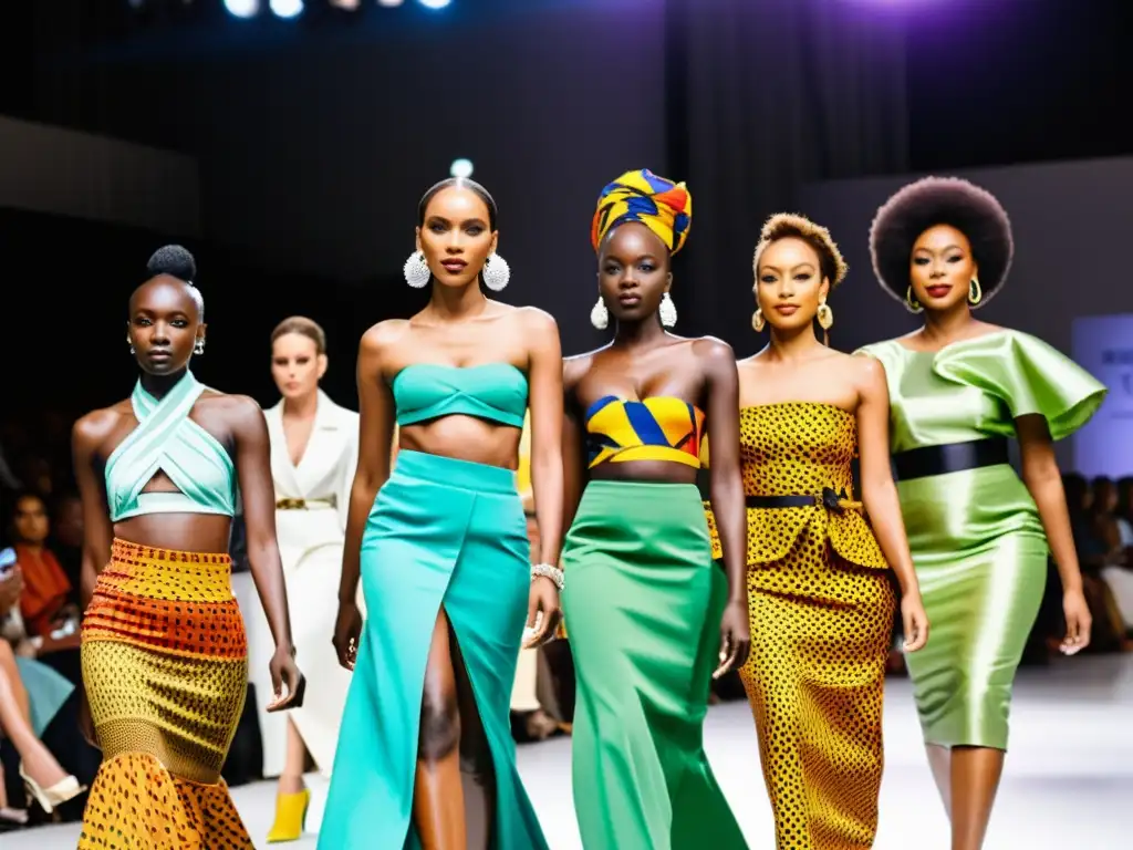 Influencia de la moda africana: Diseñadores africanos y modelos lucen vibrantes creaciones en una pasarela, atrayendo a una audiencia diversa y entusiasta