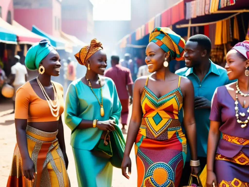 Influencia de la moda africana: Grupo en mercado africano, vistiendo trajes tradicionales coloridos, expresando comunidad y riqueza cultural