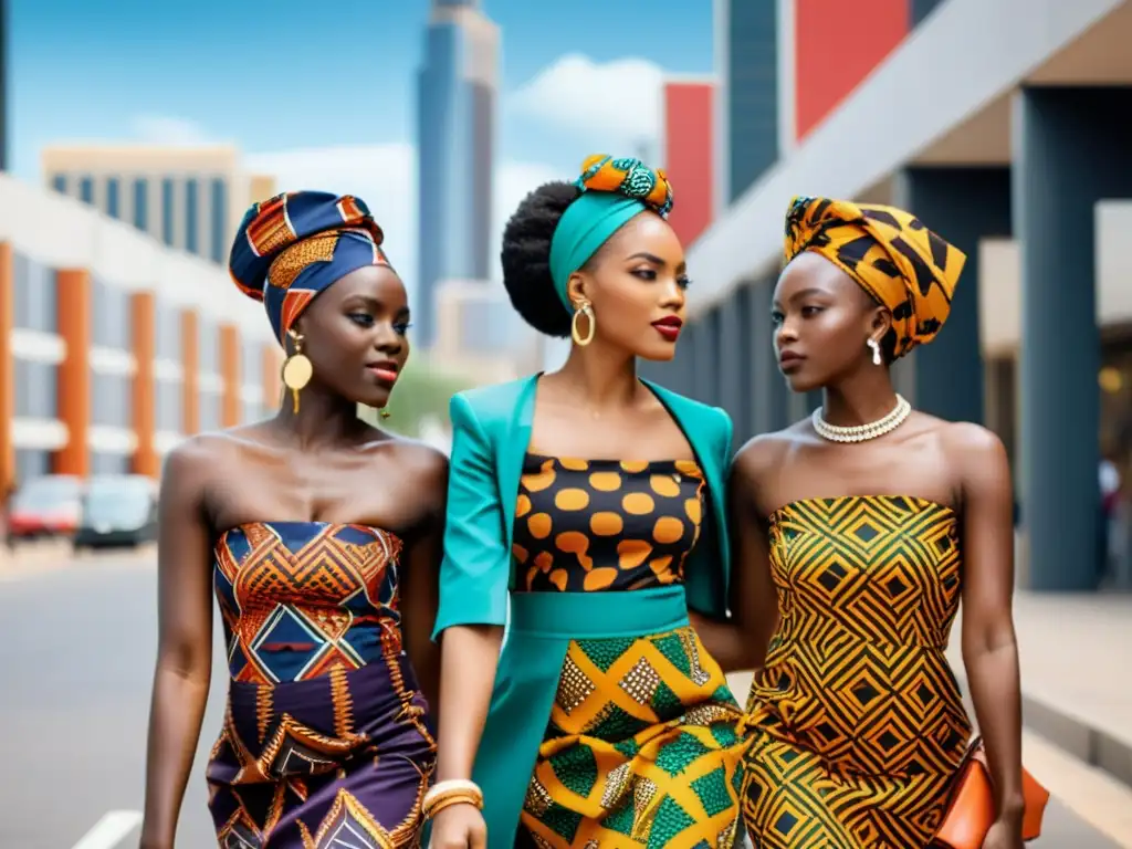 Influencia de la moda africana: Jóvenes africanas lucen atuendos tradicionales coloridos mientras caminan con orgullo por la ciudad moderna