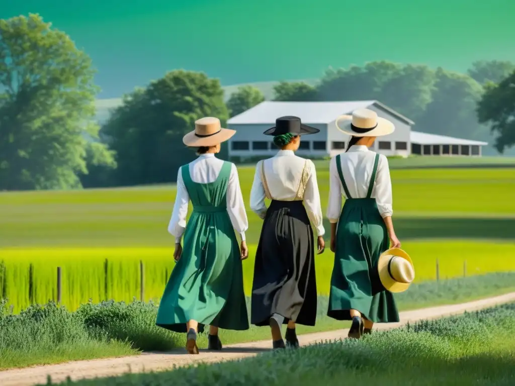 Influencia de la moda Amish en el minimalismo contemporáneo: mujeres Amish caminando en un campo bañado por el sol, con su atuendo tradicional contrastando con el paisaje verde vibrante y la arquitectura minimalista moderna de fondo