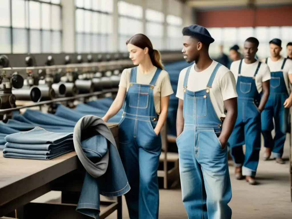 Influencia de los ropajes de trabajo en la moda cotidiana: obreros en fábrica del siglo XX con overoles de mezclilla, rodeados de maquinaria industrial