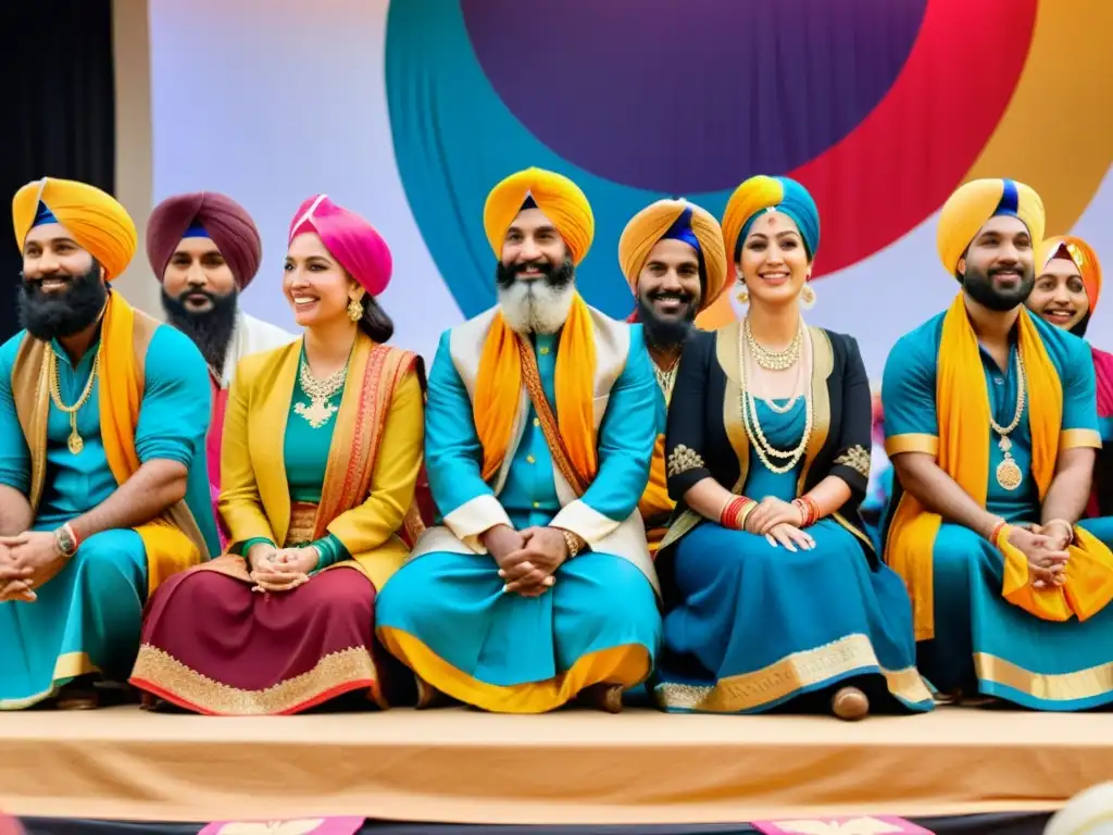 Influencia de los Sikhs en festivales: Grupo de hombres y mujeres Sikh en atuendos tradicionales, bailando en un festival global