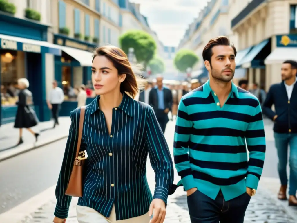 Influencia traje bretón en París: Imagen documental de una bulliciosa calle parisina con elegantes parisinos luciendo moda clásica y urbana