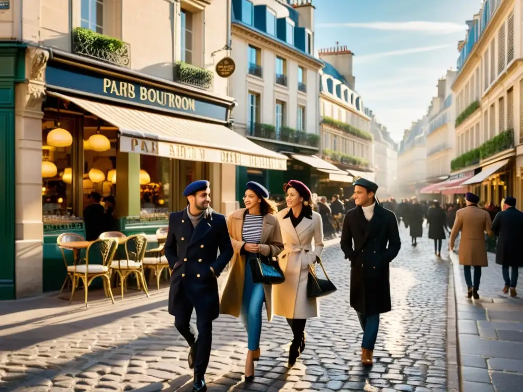 Influencia del traje bretón en París: calle parisina bulliciosa con elegancia atemporal, arquitectura histórica y atmósfera romántica al atardecer