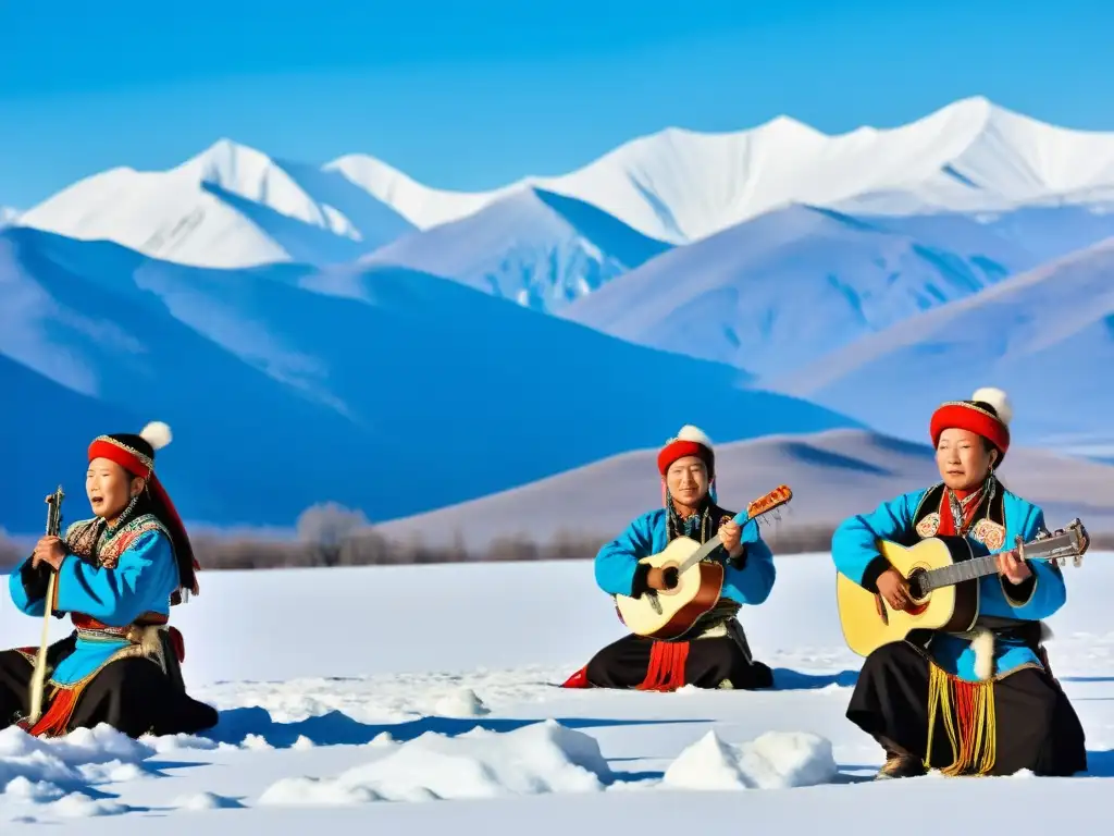 Intensa actuación de músicos de la cultura Tuvana en los Festivales de Invierno en Tuva, rodeados de nieve y montañas