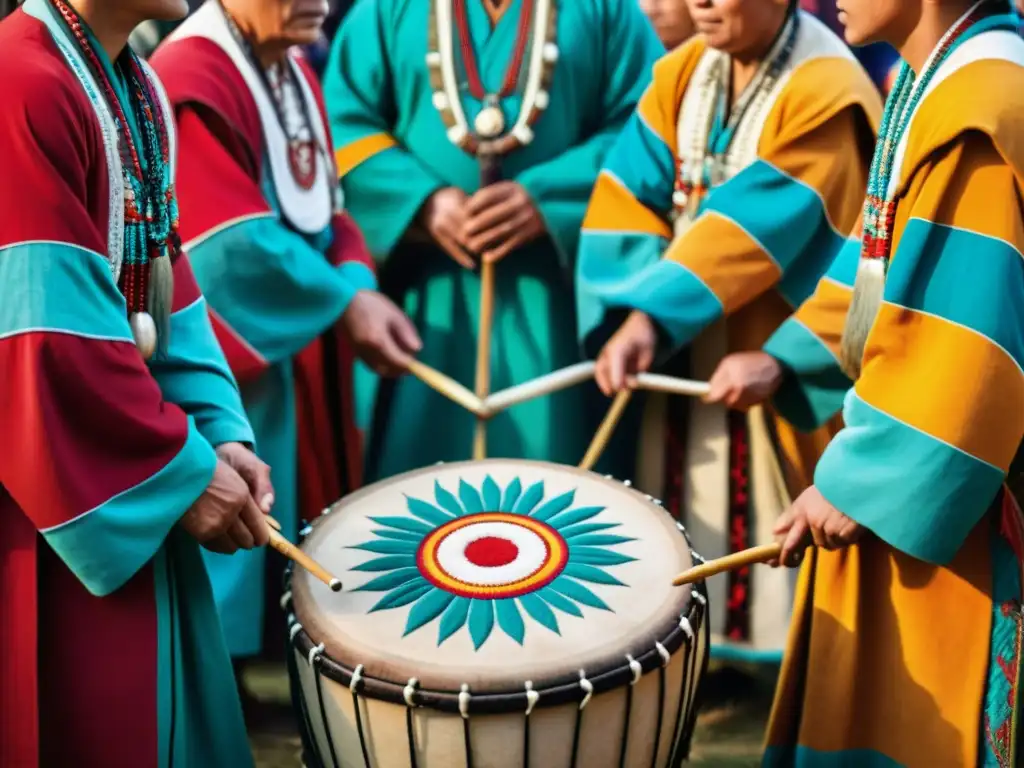 Intensa ceremonia de chamanes siberianos tocando tambores en un ritual cultural