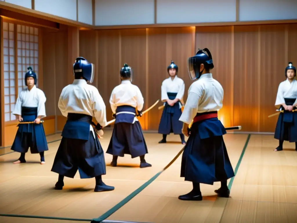 Práctica intensa de kendo en un dojo moderno, reflejando la adaptación del Kendo a nuevas tradiciones con maestría y disciplina