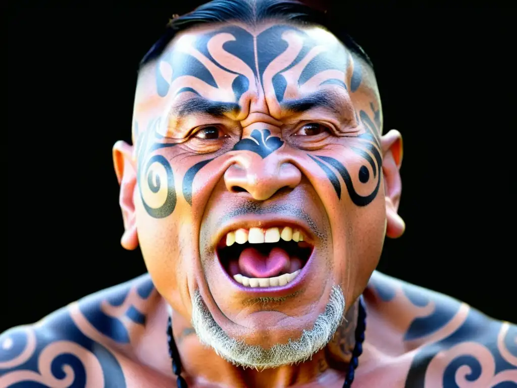 Intenso baile haka maorí con tatuajes faciales detallados, lleno de tradición y emoción