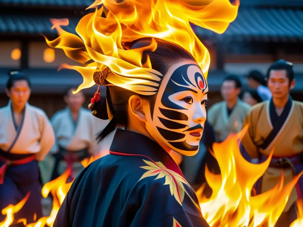 Intenso brillo de las llamas ilumina el festival de fuego en Japón, revelando detalles de la vestimenta tradicional y la energía dinámica del evento