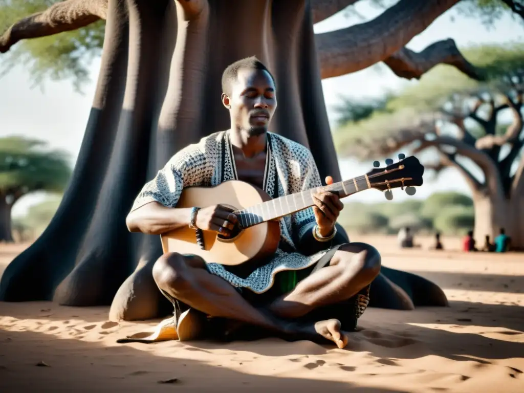 Intercambio cultural franco-africano en música: foto en blanco y negro de un griot africano tocando la kora bajo un baobab, junto a un músico francés