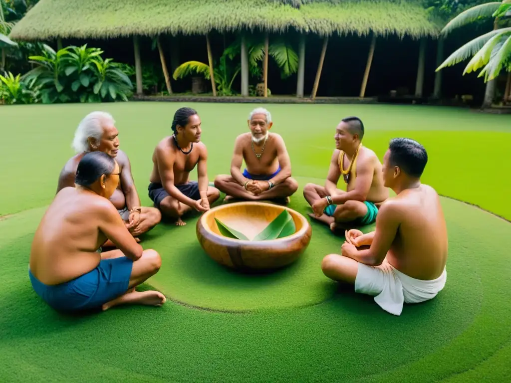 Intercambio de Kava en Micronesia: Ancianos comparten historias alrededor de un cuenco tradicional en un campo verde exuberante