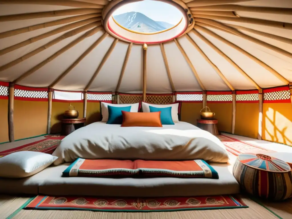 Interior acogedor de un Yurt Mongol tradicional con detalles artesanales y ambiente cálido y acogedor