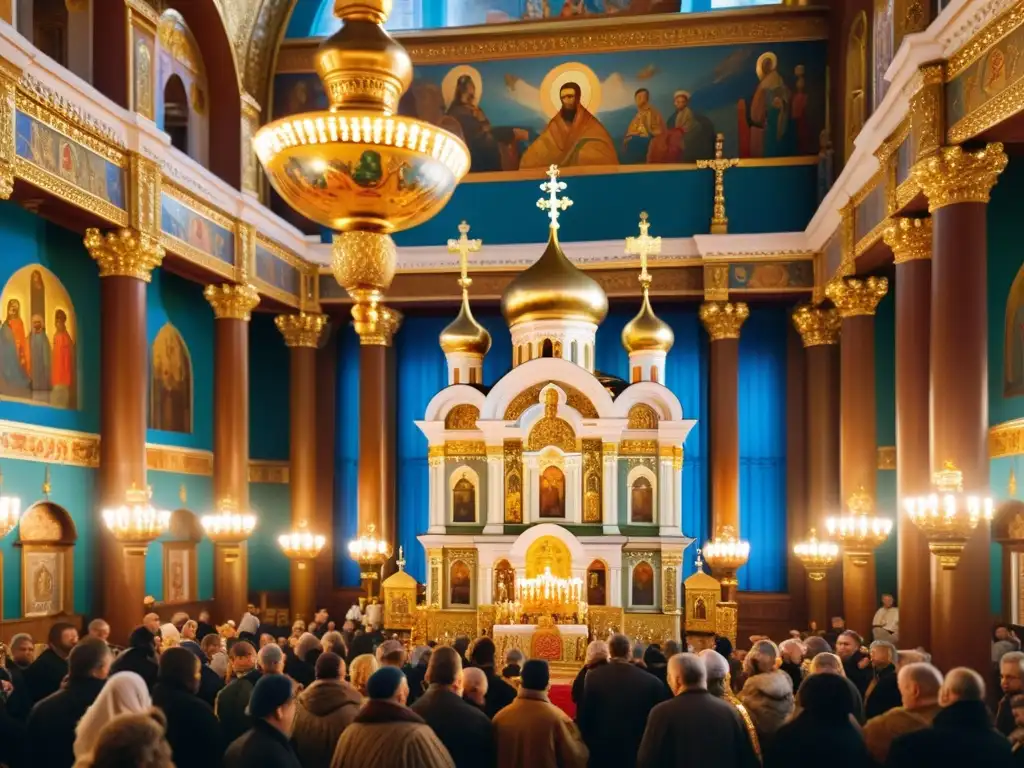 Interior detallado de una iglesia ortodoxa rusa con iconostasio dorado, frescos pintados y luz de velas