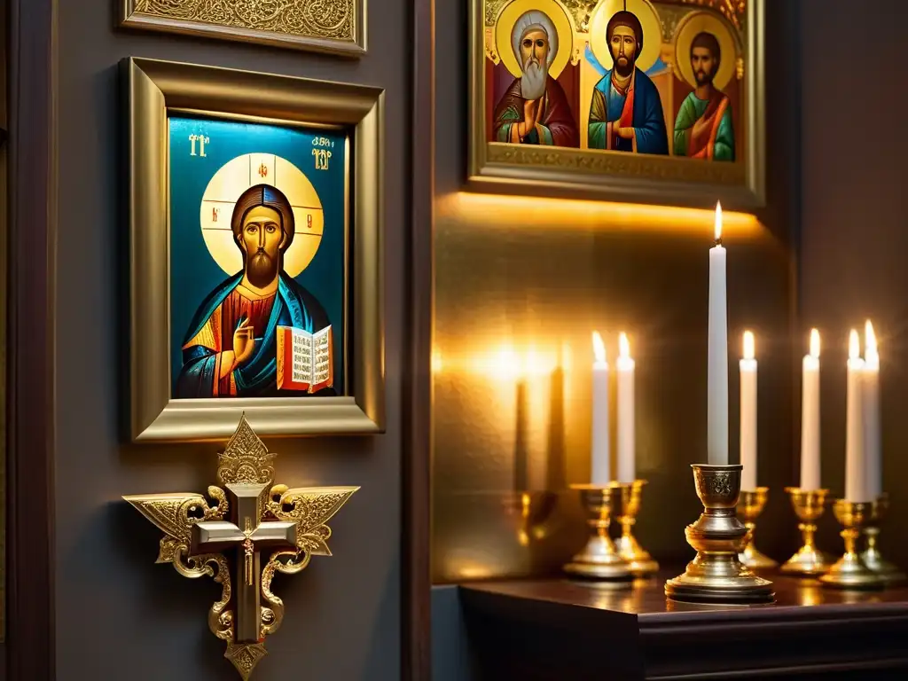 Interior de iglesia ortodoxa con iconografía religiosa detallada y atmósfera mística iluminada por velas