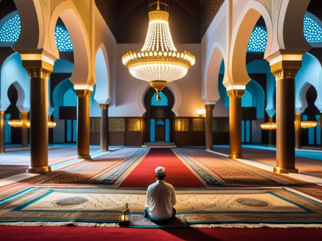 Interior iluminado de una mezquita durante la oración nocturna del Ramadán, reflejando una atmósfera de paz y devoción