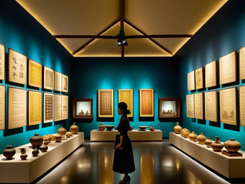 Interior de El Museo de Arte Etnológico de Vietnam con valiosas exhibiciones y visitantes, creando una atmósfera cálida