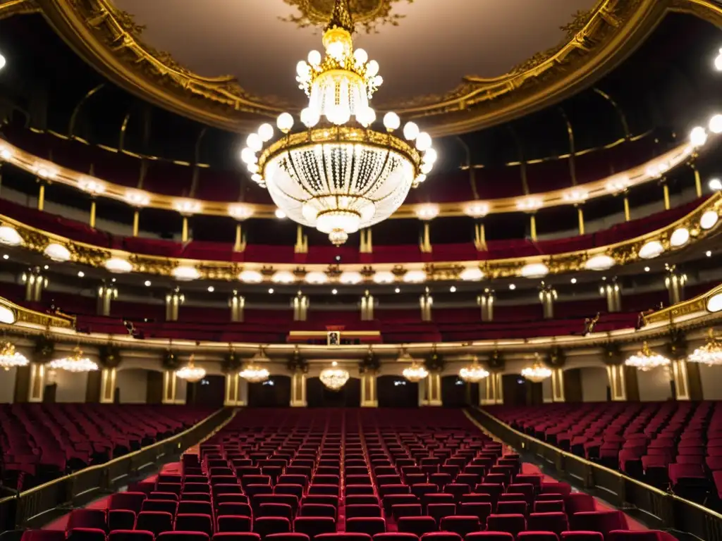 Interior opulento de la Ópera Estatal de Viena, con chandeliers, detalles dorados y asientos de terciopelo rojo