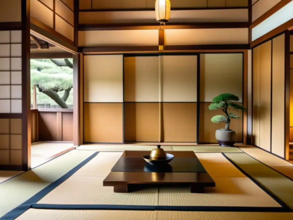 Interior de casa samurái en Japón con tatamis, puertas de papel shoji y armadura