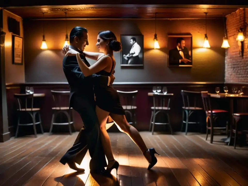 Íntimo bar de tango en Buenos Aires con parejas apasionadas bailando, músicos creando atmósfera evocadora y fotos de leyendas del tango en las paredes